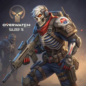 Detailed fan art of Overwatch character Soldier: 76, featuring a skeletal design. The artwork showcases various angles and poses, highlighting the intricate armor and weaponry.