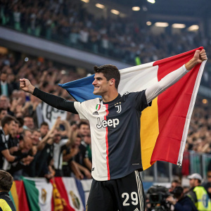 Alvaro Morata, wearing jersey number 29, holding team flag. Surrounded by stadium crowd, cheering.