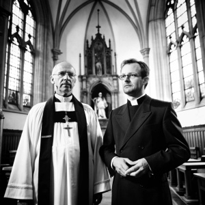 Luteran pastor and Catholic priest look at each other. Gothic church altar in the background