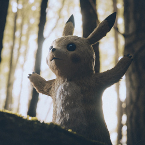 A realistic 3D model of Pikachu in a virtual environment. The background is a vibrant green forest. Pikachu's fur is detailed and light brown. It is standing with its arms raised.