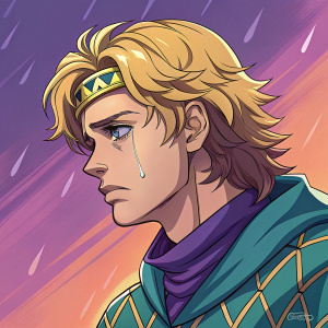 Digital artwork of Diego Brando from JoJo's Bizarre Adventure. Sad face against a bright, colorful background