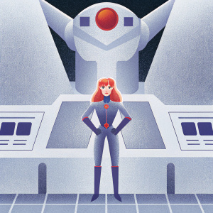 Asuka Langley Sohryu standing confidently in front of her mech, Eva Unit 02. Detailed illustration showcasing futuristic design. Artist's signature visible.