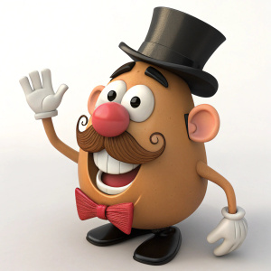 Mr. Potato Head, smiling broadly, with a mustache and black top hat, waving in a plain background.