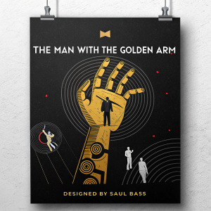 Poster for 'The Man with the Golden Arm', designed by Saul Bass. Black background, abstract shapes, and lines, with a stylized hand. Text includes film title and designer credit, contrasted against the dark, monochromatic scheme.