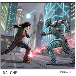 Storyboard for action scene from 'Ra One'. Detailed sketches of characters in motion. Artistic style.