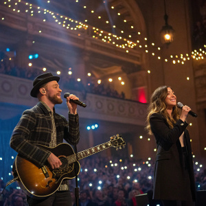 Justin Timberlake and Jessica Biel on stage. Indoor concert with enthusiastic crowd