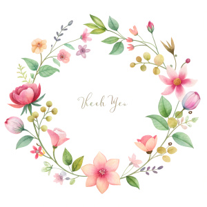 Garland of various flowers around "Thank you", white background