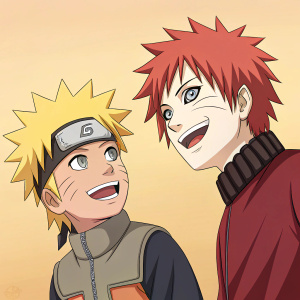 Digital artwork featuring Naruto and Gaara. Naruto smiles widely with spiky blonde hair. Gaara grins with bright red hair. They stand against a plain, warm backdrop. Colorful illustration highlighting their distinct features.