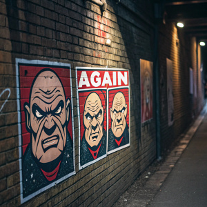 A photo of a brick wall covered in posters featuring Donald Krang's angry face. The posters are arranged closely together, each with the word 'again' in bold letters. Dark alleyway backdrop.