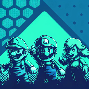 Banner showcasing Super Mario Bros characters, including Mario in green hat, Luigi in yellow hat, Waluigi with blonde hair, and Toad with a mushroom cap, against a geometric pattern of dark and muted tones.