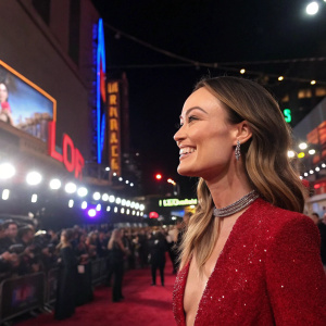 Olivia Wilde at a glitzy award show. She's dressed in a sparkling red dress, smiling broadly. Crowded venue, colorful lights and banners.