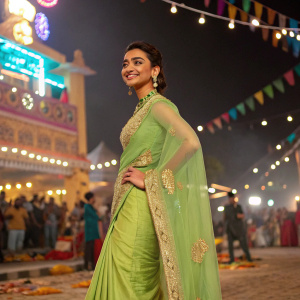 Radhika Apte, dressed in a vibrant green saree with gold embroidery, poses on a bustling festival ground. Festive decorations, bright lights, and a crowd in celebration.