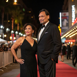 Wanda De Jesus and Jimmy Smits at a film festival. They are in elegant evening wear. The backdrop is a bustling street with festival lights.