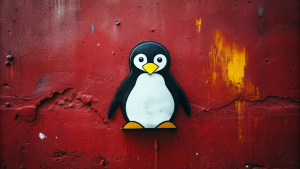 Wallpaper minimal "LINUX" Logo, in the style of street art aesthetic, cute cartoonish designs, photo-realistic techniques, dark red, Childhood and Arcadia, anime aesthetic, cartoon-like