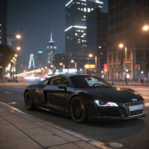 A 3D digital model of a shiny black Audi R8. Cityscape background at night