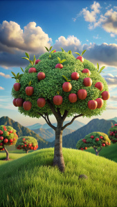 Crea una imagen de un árbol de manzana en medio de un paisaje verde con pasto. Asegúrate de que el dibujo tenga un estilo anime animado y que se vea hiperrealista, similar a los gráficos de Studio Ghibli. El cielo debe ser totalmente azul con grandes nubes esponjosas, y el sol debe ser visible, con su resplandor iluminando el paisaje. El pasto y todas las plantas deben tener un verde intenso, mientras que las flores en el arbusto deben ser de un rojo vibrante. La imagen debe estar libre de error