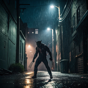Wolverine flexing metal claws. Dark, gritty urban alley background. Nighttime, raining