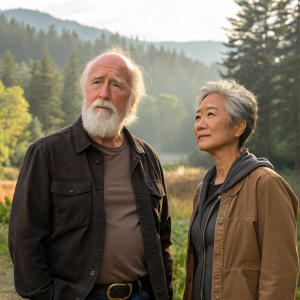 Scott Wilson and Heavenly Koh on the set of a Hollywood production. Both in casual outfits, Scott with a full white beard and Heavenly with short, styled, graying hair. The backdrop is replaced with a serene forest landscape