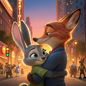 Digital illustration for Zootopia movie poster. Rabbit and fox characters in close embrace, set against a warm, colorful background.
