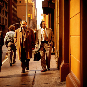 Dennis Franz and Jimmy Smits walking down a bustling city street during the filming of NYPD Blue. Various buildings and passersby in the background.