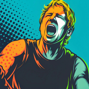 Digital illustration of Chester Bennington. Expressive shout. Light skin, blonde hair, black tank top. Blue pixelated background