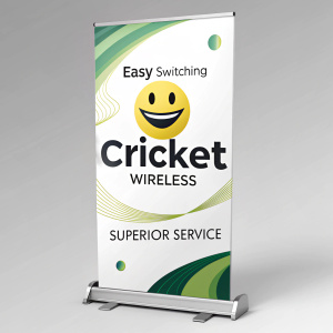 Dynamic digital ad for Cricket Wireless. Central logo with bright smiley face. Clear text on easy switching and service. Modern design