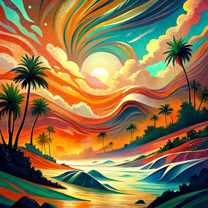 abstract art of the beach, palm trees and waves