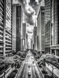 megapolis street with high-rise business buildings view photo in gray tones
