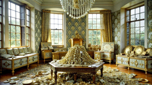 A room at home filled with money and jewelry