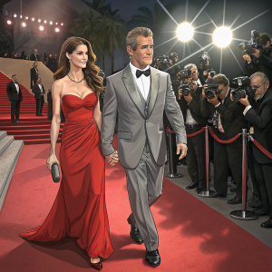 Mel Gibson and Oksana Grigorieva walking on the red carpet at Cannes Film Festival. Mel in a grey suit, Oksana in a red dress. Surrounded by flashing cameras and paparazzi.