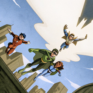 Dynamic group shot of New Teen Titans: Robin, Nightwing, Starfire, and others in heroic action poses. Vibrant color palette featuring reds, yellows, blues, and greens. Background includes a stylized cityscape and shadowy elements.