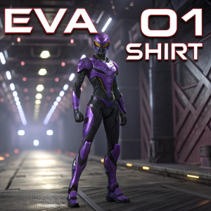 Digital artwork featuring Evangelion Unit 01. Text overlay reads 'EVA 01 SHIRT'. Futuristic, sleek design.