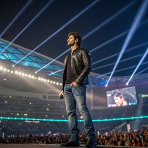 Hrithik Roshan, in a sleek black leather jacket and blue jeans, center stage at a music concert. Crowded stadium with vibrant light show.