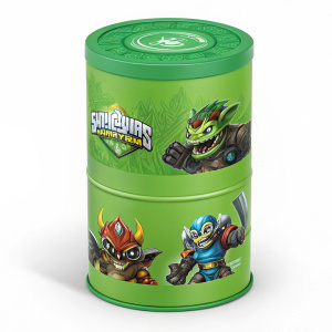 Cylindrical packaging of Skylanders Swap Force toys. Vibrant green color. Front illustration features detailed images of multiple characters. Ready for retail display.