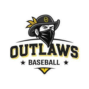 Stylized logo for the Outlaws Baseball Team. A face-like design at the center with a black bandana featuring a yellow emblem. Bold, stylized font text 'Outlaws Baseball' on a white background.
