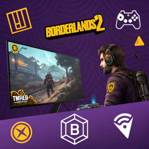 An vibrant promotional image for Borderlands 2. Dark purple background with game icons and logos. Twitch streamer gameplay scene