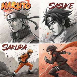 A series of charcoal sketches based on the anime Naruto, featuring an array of characters in dynamic poses and expressions. The artwork uses a muted color palette with splashes of orange and bold red text highlighting key elements.