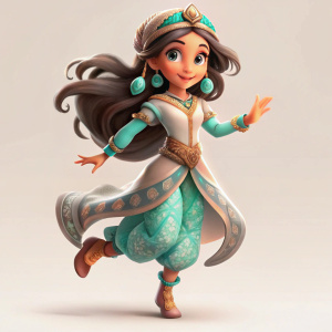 JASMINE IS A full-length CARTOON character, IN WINTER CLOTHES WITH ORIENTAL ORNAMENTS, IN oriental boots, a long-sleeved dress, DANCING, WITH LONG HAIR, WITHOUT A BACKGROUND, BEAUTIFUL, SMILING
