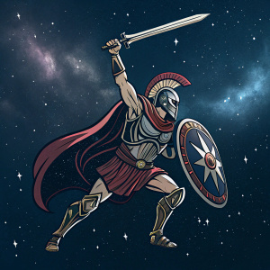 Centurions logo redesign. A Spartan warrior in mid-swing pose. Dark, cosmic background filled with stars.