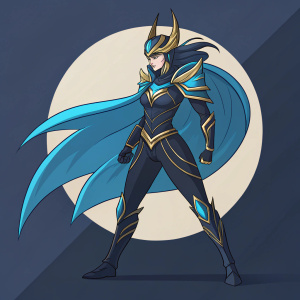 Kai'Sa, the celestial assassin, striking a heroic pose. Dark, sleek background. Minimalist design, vibrant blue and gold hues.