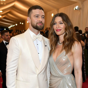 Justin Timberlake and Jessica Biel attending the Met Gala. He wears a tailored white suit. She is in a shimmering silver dress. Crowded event space