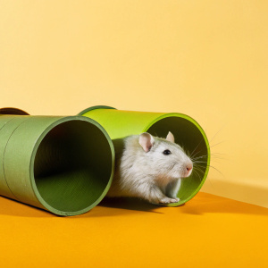 A gerbil named Whiskers exploring a new cardboard tube playground. Soft, fluffy fur contrasting with the intricate carpet texture in the background.