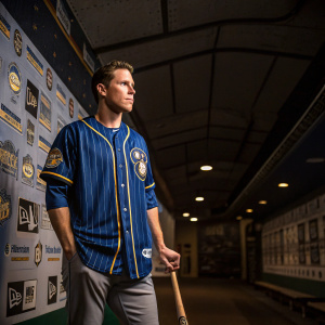 Chris Coghlan, professional baseball player, wearing a blue jersey with gold stripes, stands in a dimly lit indoor sports arena. Surrounded by team logos and advertisements on the walls, he poses with a broken bat beside him.