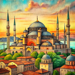 Please make a drawing of the unique skyline of Istanbul. I want a drawing that reflects the historical atmosphere. Important historical buildings such as Hagia Sophia, Topkapi Palace and the Spice Bazaar should stand out in this drawing.