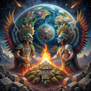 Tepew an Gucumatz Mayan Gods creating planet earth, covered in quetzal bird feathers, a God Hearth flying in the middle
