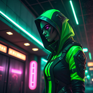 Widowmaker, a stealthy assassin, in vibrant green and black outfit. Futuristic setting with glowing neon lights.