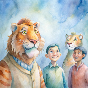a tiger man funny face talking with lion man and his family 