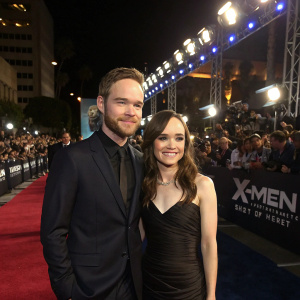 Shawn Ashmore and Ellen Page at the premiere of X-Men: Days of Future Past. Bright lights and red carpet. Crowd cheering