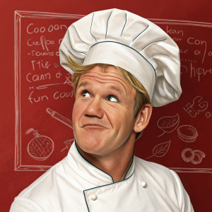 Cartoonish portrait of Gordon Ramsay, wearing a chef hat. Red chalkboard background