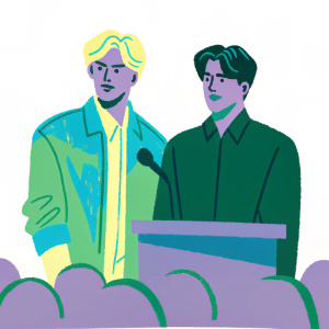 Sehun and Suho of EXO, standing at a press conference. Sehun with a new blonde hairstyle, wearing a denim jacket. Suho with his classic dark hair, dressed in a black shirt. Blurred crowd behind them.